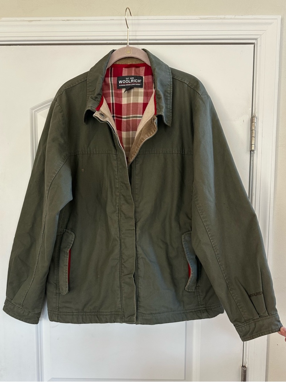 Vintage Woolrich Chore Coat Barn Field Jacket Cord Trim Blanket Lined LG Green - Picture 2 of 11